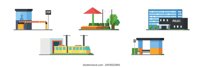 Elemento de paisaje de la ciudad con parque infantil, tranvía, estación de policía y parada de autobús Vector Set