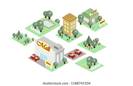 City landscape, environment elements with buildings and parks, user interface assets for mobile apps or video games details vector Illustration