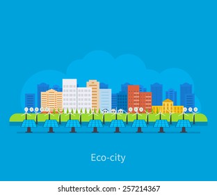 City landscape. Environmentally friendly house. Flat design vector concept illustration with icons of ecology, electricity city, environment, eco friendly energy and green technology. 
