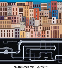 City Landscape with facade of old buildings and tubes Europe