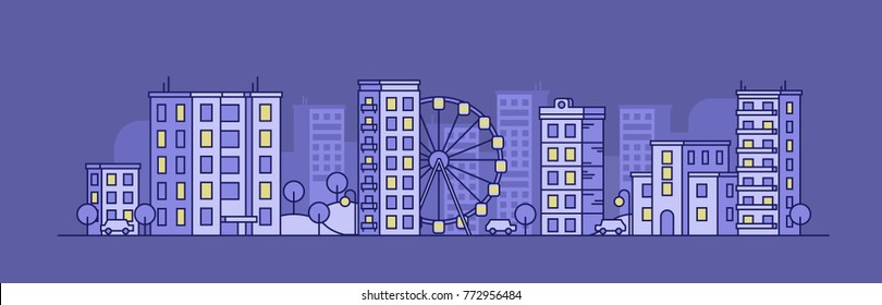 City landscape with the ferris wheel in the night. Panoramic vector flat illustration