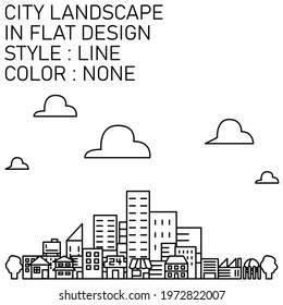 city landscape in flat design with black lines, white fills.