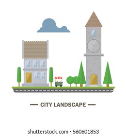 City landscape flat design illustration. Street food, tower and house.