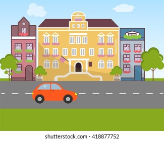 City landscape in flat design style. Vector illustration. On the picture buildings, the road, the car are presented