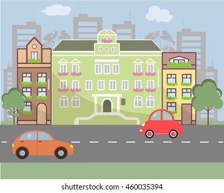 City landscape in flat design style. Vector illustration. There are buildings, road, cars on the picture