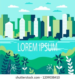 City landscape flat. Design urban illustration vector in simple minimal geometric  style with buildings, lake flowers and trees abstract background for header images for websites, banners, covers