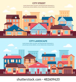 City landscape flat horizontal banners with one and two storey cottages and multi storey buildings flat vector illustration