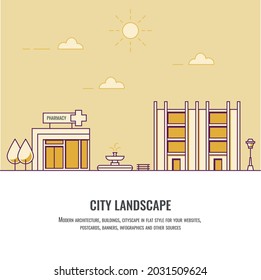 City landscape. Flat vector illustration. City apartment house. Pharmacy. Cityscape. Real estate concept. Office. Yellow flat illustration. Line style. Ecology. eps10. Street light. Trees. Business.