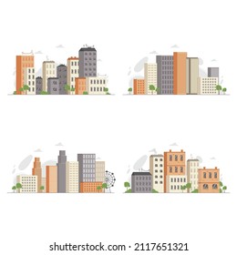 City landscape flat vector illustration set. Metropolis with low-rise and high-rise houses. Megalopolis with towers and skyscrapers. City center or downtown area with many buildings.