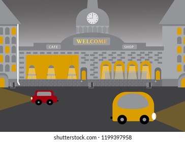 City landscape in flat vector style. Evening time