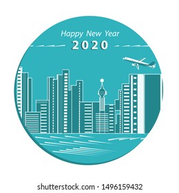 City landscape, flying plane - round icon isolated on a white background - vector. Happy New Year 2020. Christmas. Travel business. Winter vacation.