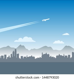 city landscape, foggy morning, airplane in the sky, vector illustration 