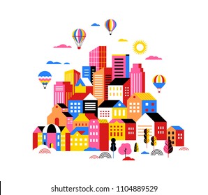 City Landscape, Geometric Urban Scene, Smart City Concept Illustration And Banner Design