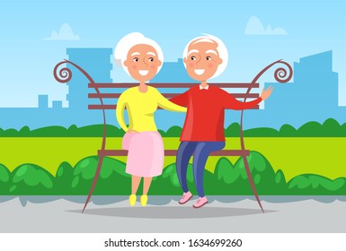 City landscape, grandmother and grandfather sitting on bench in urban park vector. Happy and smiling old people in green grassy city playground have rest