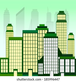 City Landscape With Green Skyscrapers