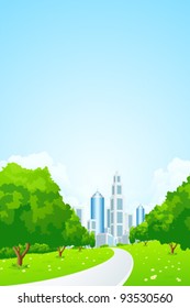 City Landscape with Green Trees Flowers and Clouds