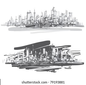 City landscape. Hand-drawn vector illustration.