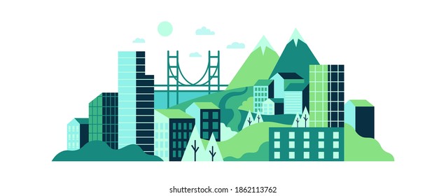 City landscape with high glass buildings, green hills and mountains. Modern city with wild nature, trees, lawns and contemporary urban skyscrapers, town background vector illustration