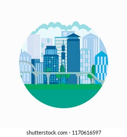 City landscape with high skyscrapers, buildings and transport. Vector illustration.