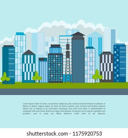 City landscape with high skyscrapers, buildings and transport. Vector illustration.