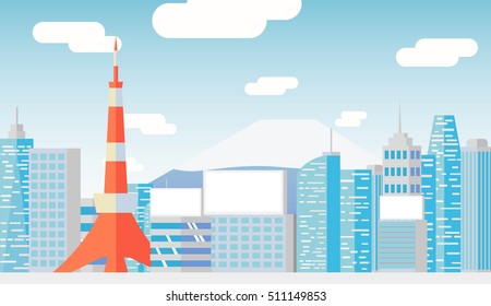 City landscape with high skyscrapers.poster template Flat style vector illustration.Tokyo