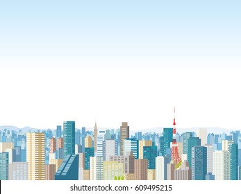 City landscape with high skyscrapers.poster template Flat style vector illustration.Tokyo