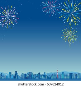 City landscape with high skyscrapers.poster template Flat style vector illustration.Tokyo,Fireworks night sky landscape background, vector illustration