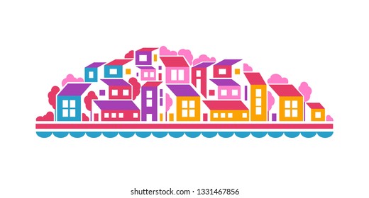 City landscape or hill town illustration in simple flat style. Vector design element. Buildings, trees and water line.