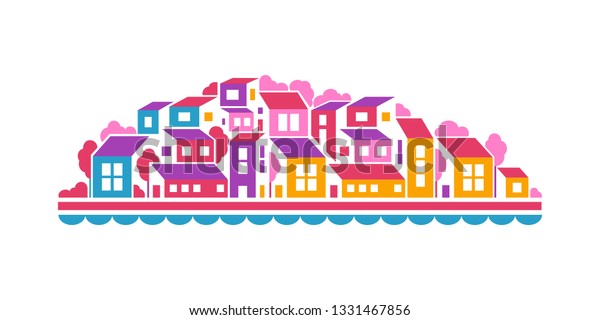 City
landscape or hill town illustration in simple flat style. Vector
design element. Buildings, trees and water
line.