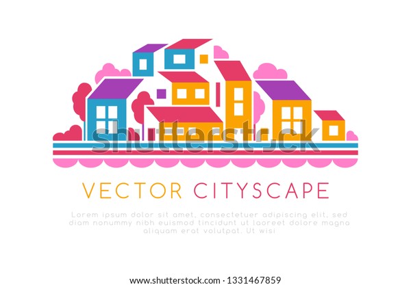 City landscape or hill town illustration\
in simple flat style. Vector design element with minimal geometric\
composition. Buildings, trees and water\
line.