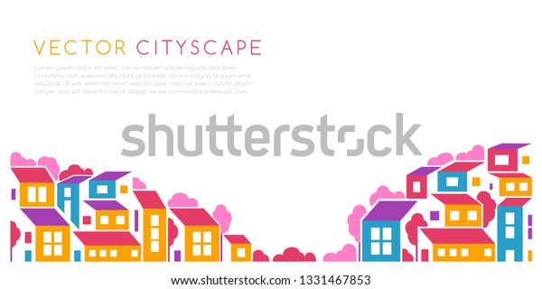 City landscape or hill town panoramic\
illustration in simple flat style. Vector design element with\
minimal geometric composition. Buildings and\
trees
