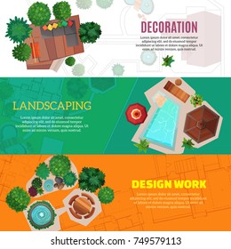 City landscape horizontal banners with top view elements of house decoration and park design work flat vector Illustration  