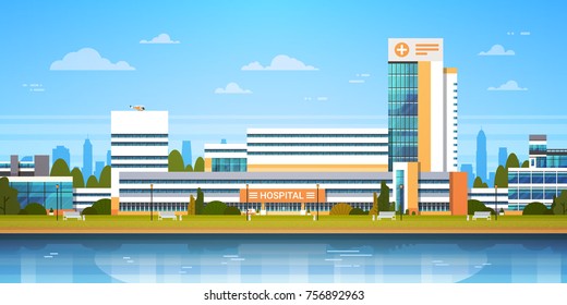 City Landscape With Hospital Building Exterior Modern Clinic View Flat Vector Illustration