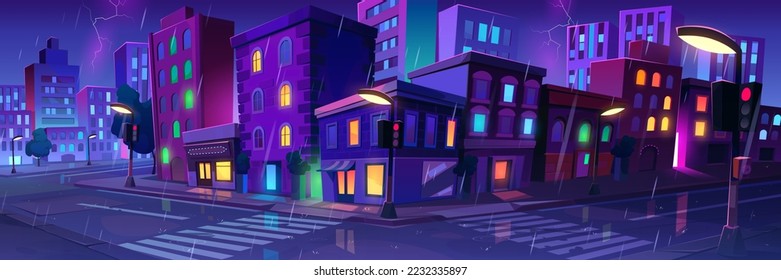 City landscape with houses, car road with street lights and trees in rain at night. Thunderstorm with lightning in old town with buildings and crossroad, vector cartoon illustration