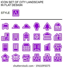 City landscape icon set in flat design with white lines, purple fills, purple outline.