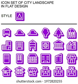 City landscape icon set in flat design with white lines, purple fills, purple outline.