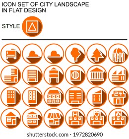City landscape icon set in flat design with white lines, orange fills, flat shadow on a circle of orange line and white fill background.