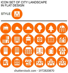 City landscape icon set in flat design with orange lines, white fills, on a circle of orange line and orange fill background.