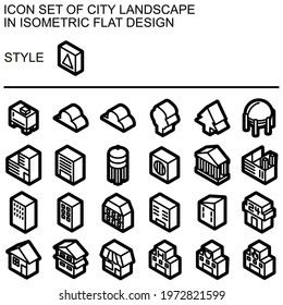 City landscape icon set in isometric flat design with black lines, white fills, black outline.