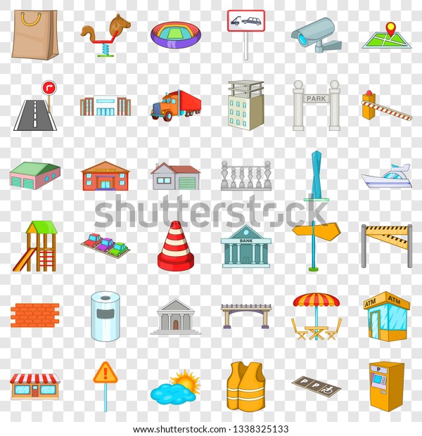 City landscape icons set. Cartoon\
style of 36 city landscapevector icons for web for any\
design
