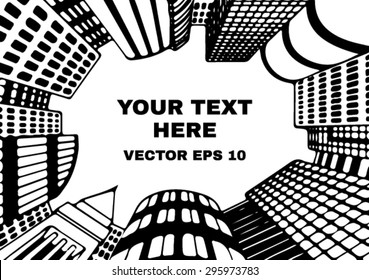 City landscape illustration. Look at the sky through the office building. Vector illustration.