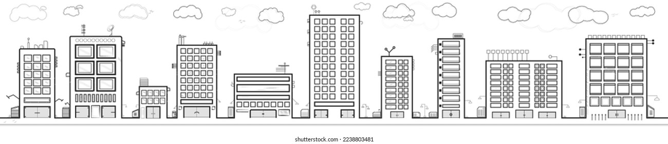 City Landscape Illustration Vector. Detail Sketch of Modern Building Environment. Urban Life Line Sketching. 
