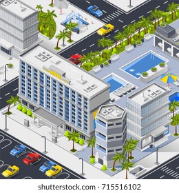 City landscape isometric composition with luxury hotel buildings pools and car parking  vector illustration