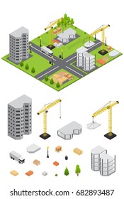 City Landscape Isometric View and Element Set Part of the Map with Architecture of Buildings for Web and Game. Vector illustration