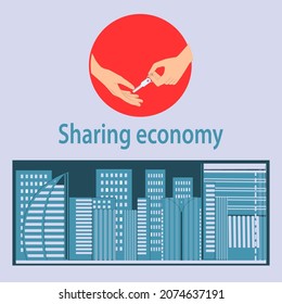 City landscape. The key is passed from hand to hand. Sharing concept. Design concept. Joint economy. Travel.
