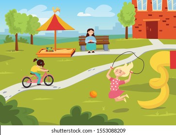 City landscape with kids playing in the yard. Green fields, trees, clouds. Kids summer activities outdoors. Vector illustration.