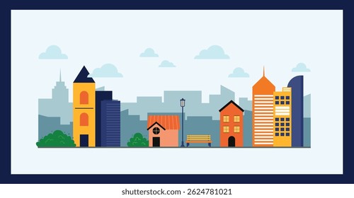 City and landscape layout featuring urban buildings and natural scenery in a balanced composition perfect for creative projects and modern environmental concepts