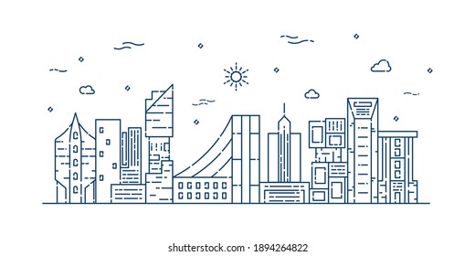 City landscape line art vector. Thin line city landscape with building, clouds, sun. Vector illustration.