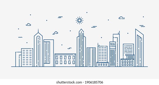 City Landscape Line Art Vector. Thin Line Cityscape With Building, Clouds, Sun. Vector Illustration.