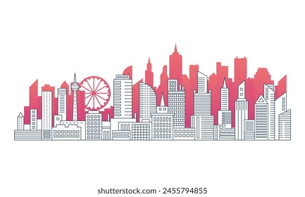 Stadtlandschaft Linie Hochhäuser und rote Silhouetten, Panorama der modernen Vektorillustration der Stadt